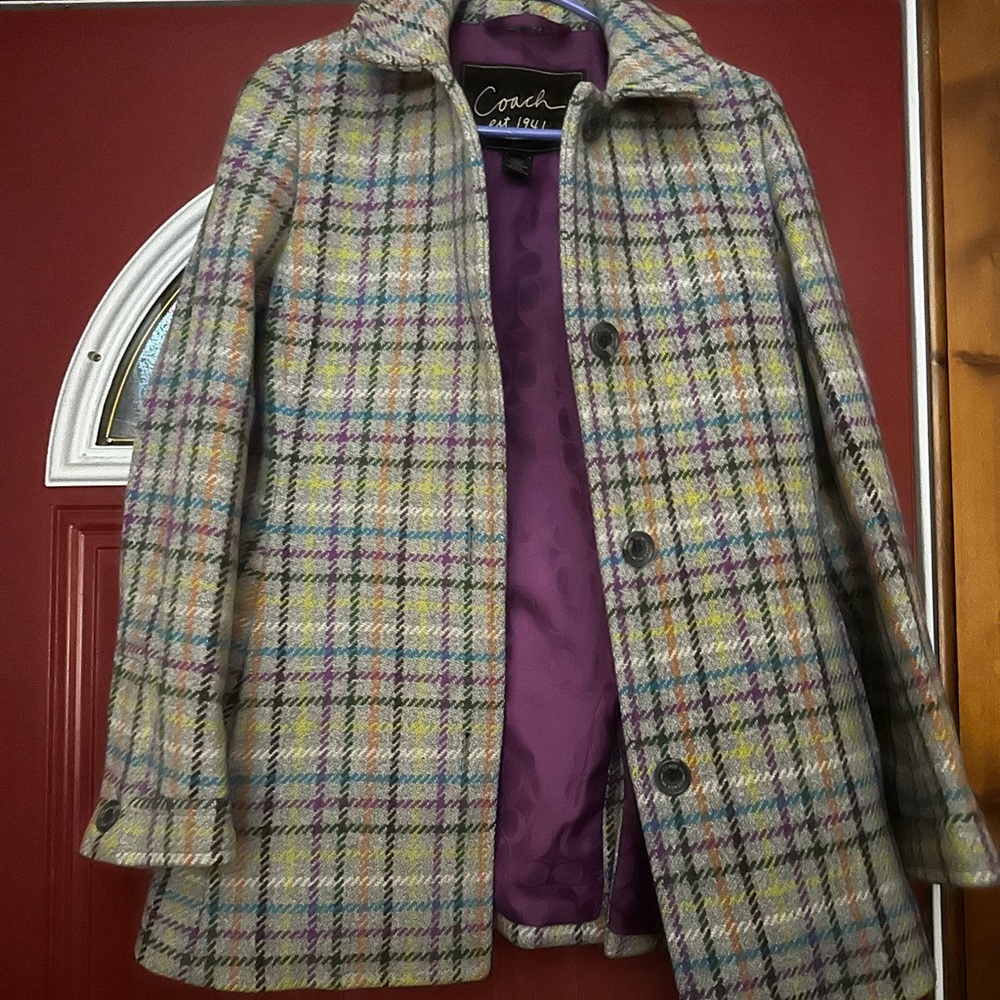 Coach Multicolor Plaid Coat with Purple Lining